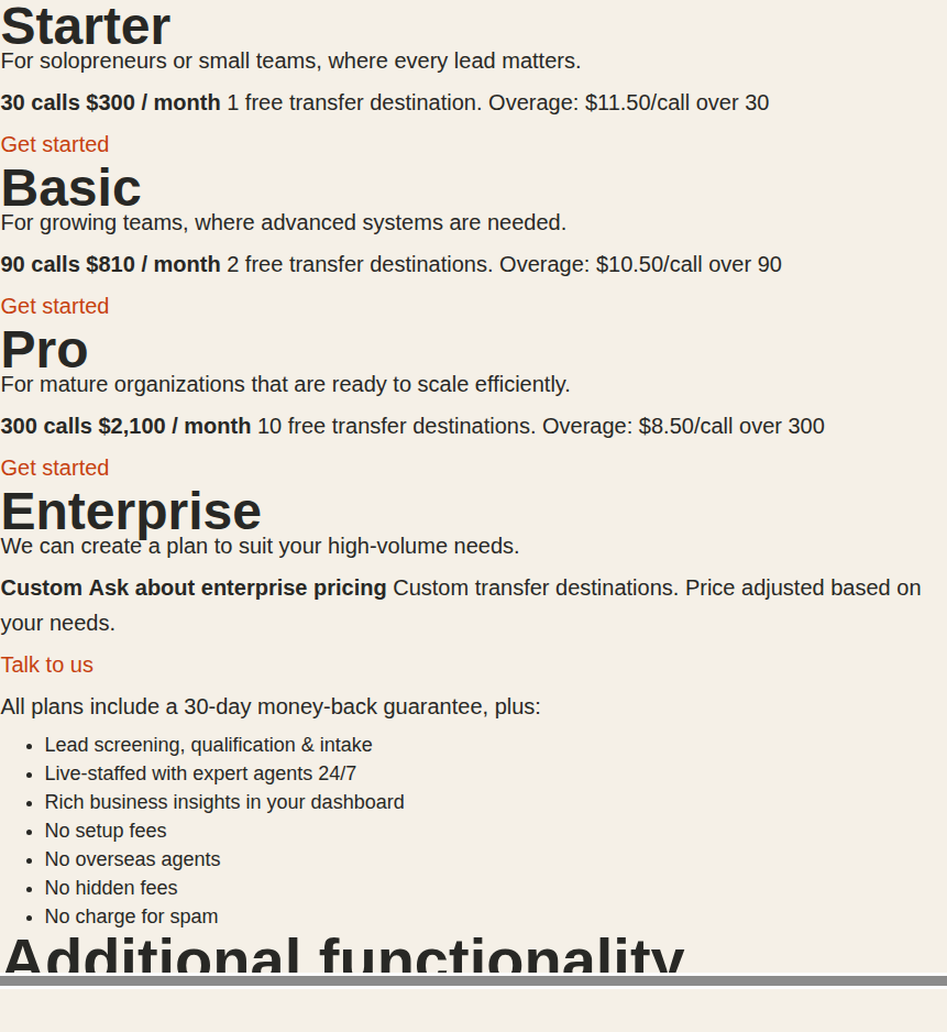 Smith.ai Virtual Receptionist plan cards: Starter $300/mo for 30 calls with $11.50 overage, Basic $810/mo for 90 calls with $10.50 overage, Pro $2,100/mo for 300 calls with $8.50 overage, Enterprise custom