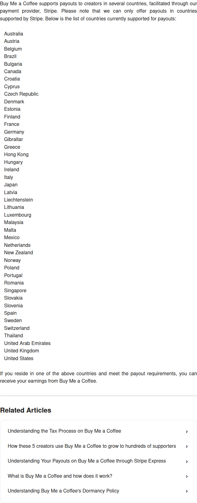 Buy Me a Coffee's help article "Supported Countries for Payouts" listing all 44 payout countries
