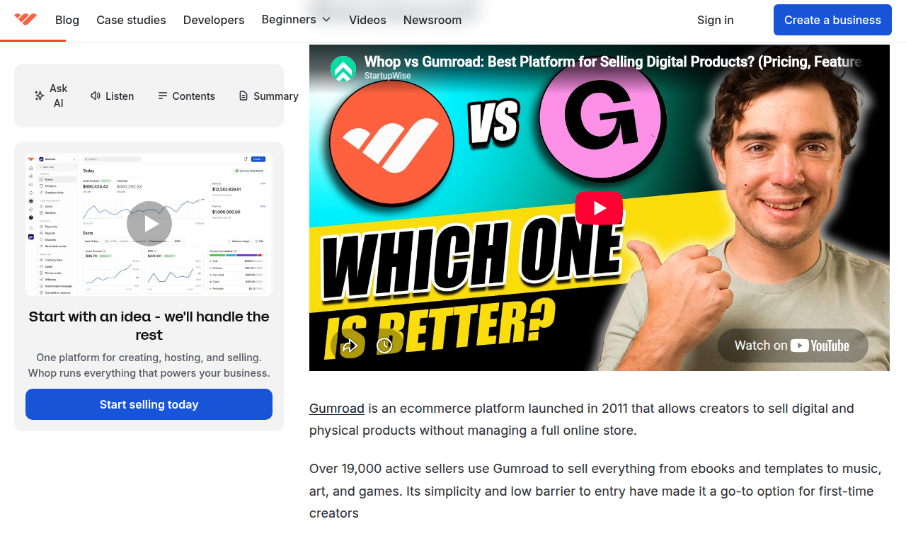 Whop's 2026 Gumroad review confirming "Gumroad is an ecommerce platform launched in 2011" and "Over 19,000 active sellers use Gumroad"